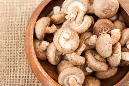 Fresh mushrooms in bowl on wooden backgroundの写真素材
