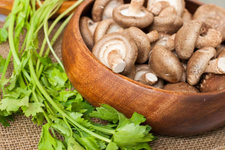 Fresh mushrooms in bowl on wooden backgroundの写真素材