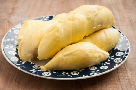 Durian, King of fruit, Tropical fruit, Close up of peeled durian, Fresh fruit, isolated on white background.の写真素材