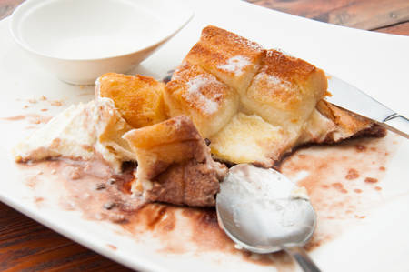 Closeup of a plate after the dessert was finishedの写真素材