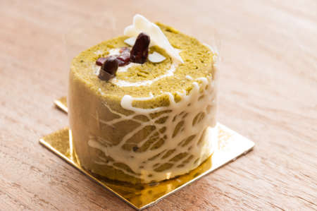 Japanese confectionery, green tea and red bean swiss roll