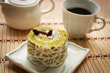 Japanese Matcha Green tea cake, coffee and cakeの写真素材