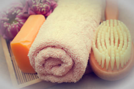 Aroma spa set on white wooden tableの写真素材