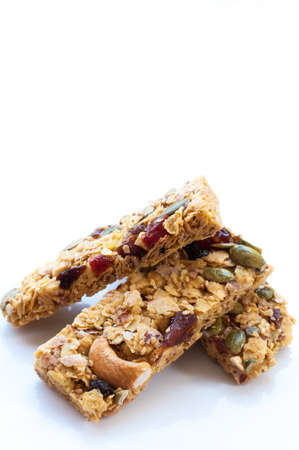 Healthy Snack : Cereal Bars : germinate rice whole grains with fruits on white background, Multigrain Barの写真素材