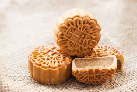 Mid-Autumn Festival moon cake on burlap backgroundの写真素材