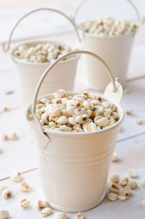 Job's tears in white bucket on wooden board healthy foodの写真素材