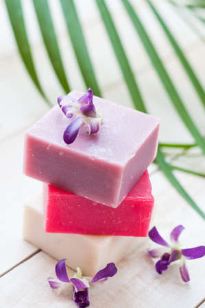 natural soap on bright wooden backgroundの写真素材