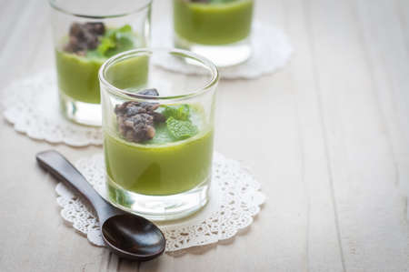 Green tea Panna Cotta with red beansの写真素材