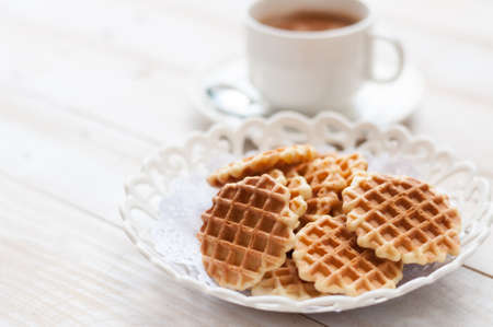 Breakfast with coffee and homemade waffles,shallow focusの写真素材
