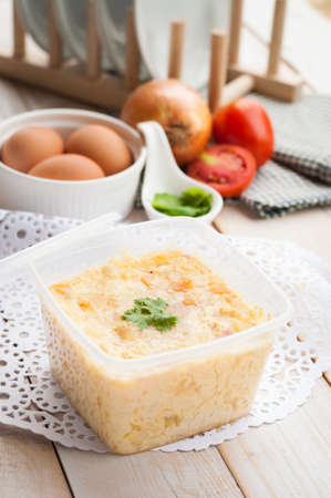 Steamed egg with vegetable,carrot,pumpkin,spring onion and porkの写真素材