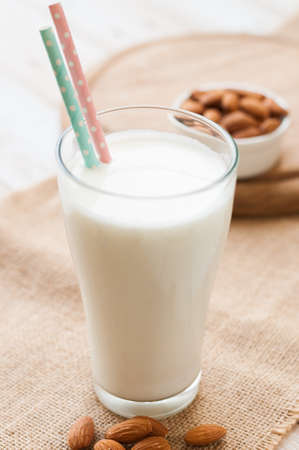 Almond milk with almondの写真素材