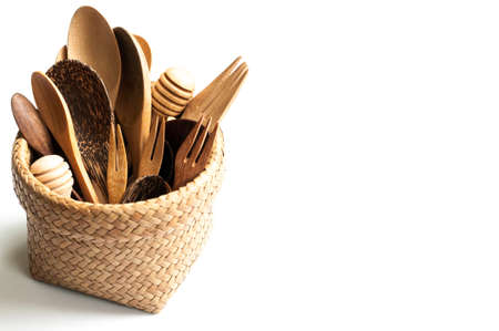 Wooden utensils in bamboo ware isolated on white backgroundの写真素材