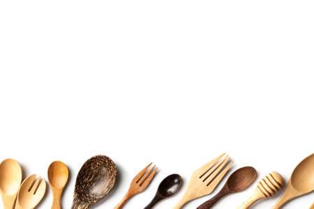 Wooden utensils isolated on white backgroundの写真素材