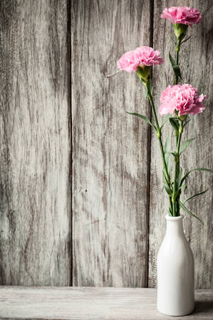 pink carnation in bottle placed on wooden backgroundの写真素材