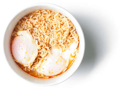 Asian ramen instant noodles in a bowl isolated on white backgroundの写真素材