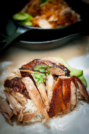 Rice with fried chicken, and roasted duckの写真素材