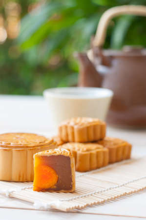 Mid-Autumn Festival moon cake on wooden boardの写真素材