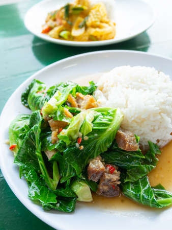 Stir Fried Baby Cabbage with Crispy Porkの写真素材