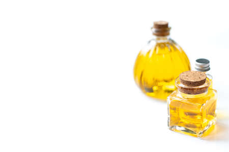 Aroma oil in bottles isolated on white backgroundの写真素材