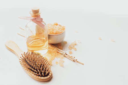 Comb, aroma oil and spa saltの写真素材