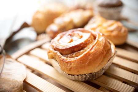 cinnamon rolls with afternoon tea setの写真素材