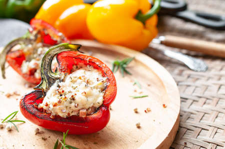 Sweet pepper stuffed with chicken, cheese and quinoaの写真素材