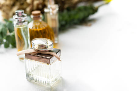 Perfume in bottles with eucalyptus leavesの写真素材