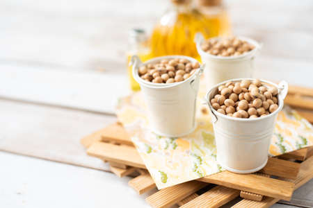 Soybean in aluminium bucketsの写真素材