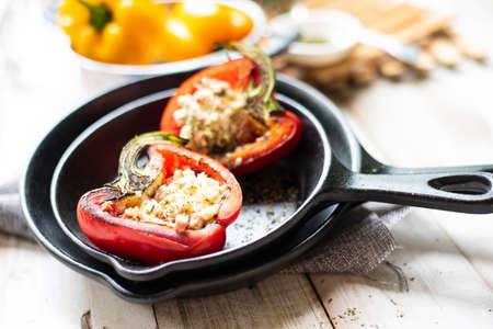 Sweet pepper stuffed with chicken, cheese and quinoaの写真素材