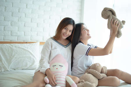 Portrait of woman and her friendの写真素材
