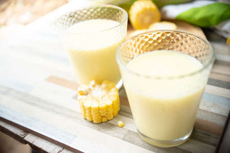Corn  milk in glassesの写真素材