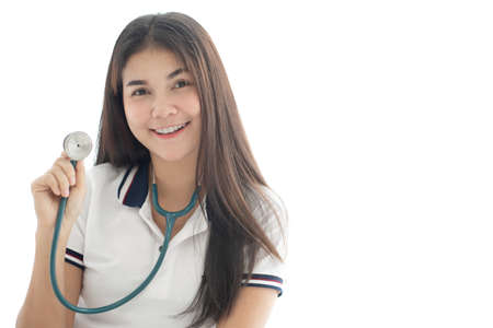 Doctor showing stethoscope to checking heartbeatの写真素材