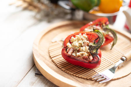 Sweet pepper stuffed with chicken, cheese and quinoaの写真素材