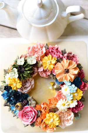 Colorful buttercream flower cakeの写真素材