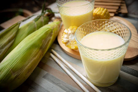 Corn  milk in glassesの写真素材