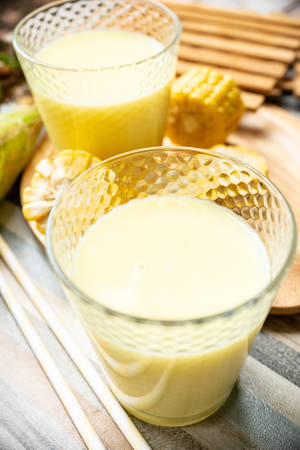 Corn  milk in glassesの写真素材