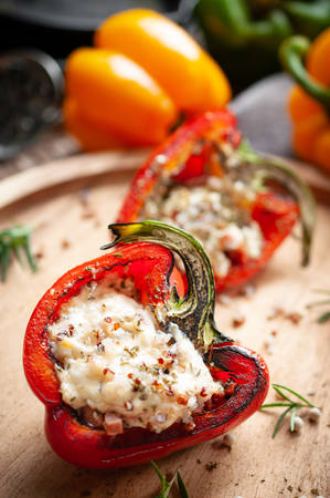Sweet pepper stuffed with chicken, cheese and quinoaの写真素材