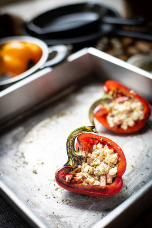 Sweet pepper stuffed with chicken, cheese and quinoaの写真素材