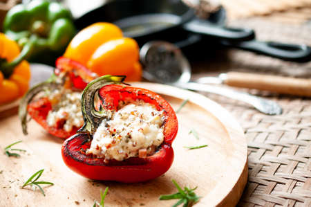 Sweet pepper stuffed with chicken, cheese and quinoaの写真素材