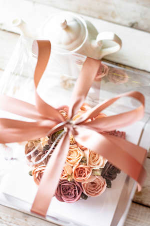 Buttercream flower cake in a gift boxの写真素材