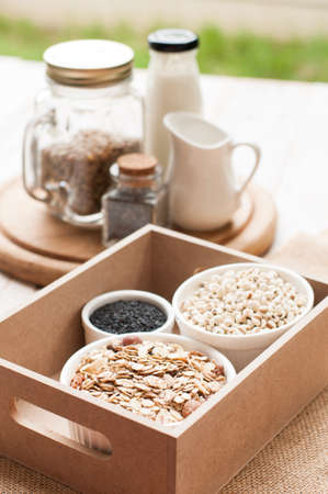 Healthy breakfast with greek yogurt, pecans , Muesli and chia seedsの写真素材