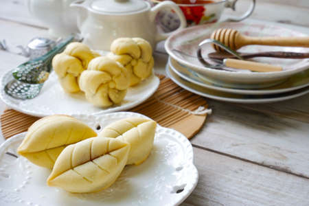 Close up Pineapple pie with tea setの写真素材