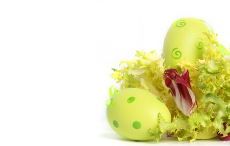 easter eggs in salad separate on white