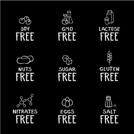 Hand drawn food dietary label set.White on black background.のイラスト素材