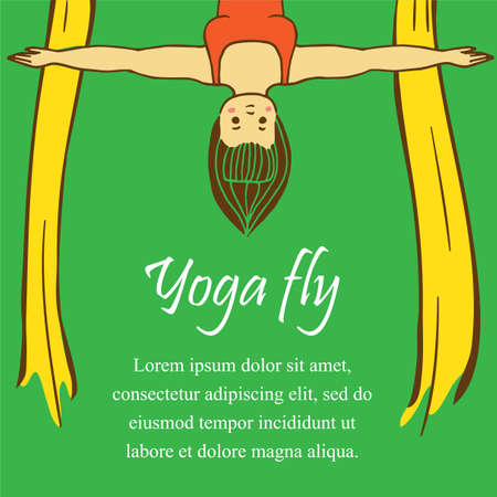 Hand drawn cute little lady making aerial yoga asanas. Trendy bright colors.のイラスト素材
