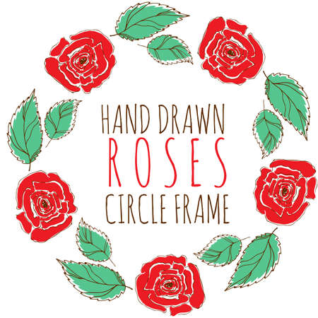 Roses  hand drawn circle floral frame set. Use it for banner, postcard,  women day, birthday, mothers day, newborn card, poster, wedding or Saint Valentine day.のイラスト素材