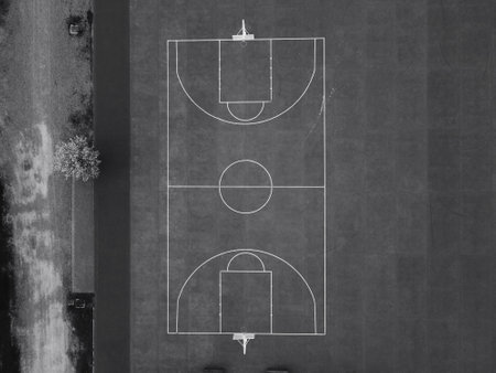 Aerial view of a basket court in black & whiteの写真素材