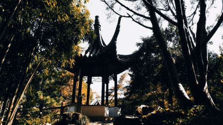 Pavilion in the garden of a Chinese temple in the tropicsの写真素材