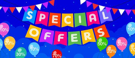 Special Offers Discount Card Concept, Sale, Off, Offer, Greeting, Coupon, Template, Banner, Logo Design, Icon, Poster, Offer, Unit, Label, Web Header, Mnemonic with party balloons in background-Vectorのイラスト素材