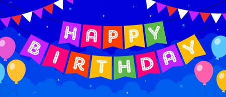 Happy Birthday Greeting Card Concept, Template, Banner, Design, Icon, Poster, Offer, Unit, Label, Web Header, Background, Mnemonic with Balloon Party Invitation - Vector, Illustrationのイラスト素材